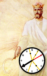 An artistic depiction of a regal figure in white robes and a golden crown, holding a sickle, with a superimposed graphic of a clock featuring a prominent black hour hand, a red minute hand, and a yellow second hand.