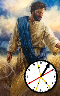 An illustration of a bearded man in historical clothing, with a blue and white robe, walking through a golden wheat field under a vibrant sky. In the foreground, a large watch with a multicolored face shows different times marked by the positions of the hour and minute hands.