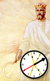 Artistic depiction of a regal figure in a crown and robe, holding a sickle, superimposed over a large circular clock with vividly colored hands pointing at different times.