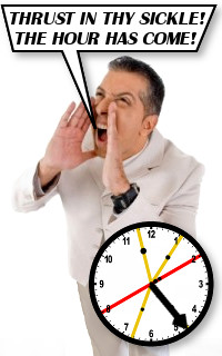 A man in a white suit loudly shouting near a large graphical representation of a clock overlaid with colorful lines indicating different positions as referenced in the Mazzaroth, with the overlaid phrase "Thrust in thy sickle! The hour has come!"