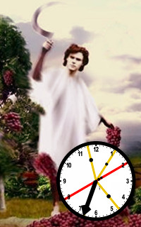 An image featuring a figure robed in white, wielding a crescent-shaped blade under a cloudy sky. The figure is surrounded by lush greenery and vibrant flower clusters. A prominent clock, marked with vibrant primary colors, is superimposed at the bottom, indicating half-past six.