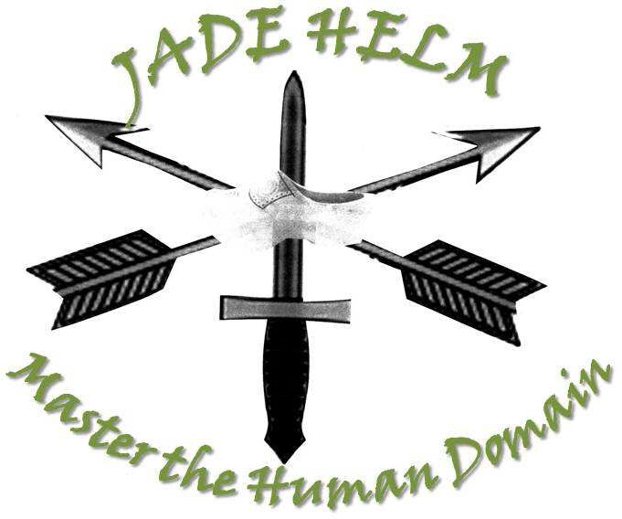 Graphic featuring a central dark dagger pointing upwards, flanked by four arrows pointing in cardinal directions, all on a pale background. The text "JADE HELM" arches above in a bold green, with "Master the Human Domain" following the contour below in the same color and style.