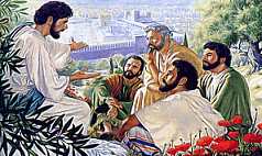 A biblical scene depicting a man teaching a group of attentive listeners on a hillside, overlooking an ancient city. The group is surrounded by lush greenery and vibrant red flowers with a clear sky above them.