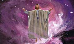 A depiction of a biblical figure with a serene expression, standing with outstretched arms against a cosmic backdrop featuring swirling nebulas and distant stars.