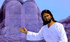 Illustration of a man with long brown hair and a beard, dressed in a white robe, gesturing towards two large stone tablets engraved with text, set against a backdrop of a pale blue sky and rocky terrain.