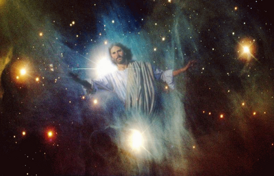 A representation of a man with long hair and a beard, wearing a robe, stands with outstretched arms surrounded by a cosmic background filled with stars and nebulae, symbolizing celestial majesty.