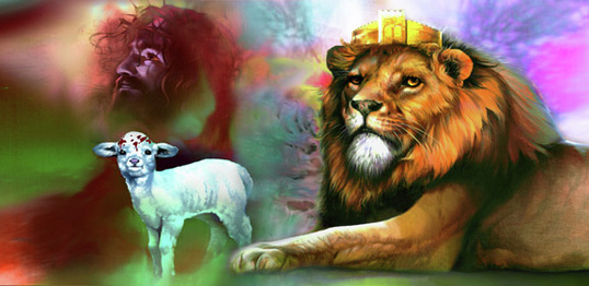 A vivid illustration featuring a majestic lion with a crown, a lamb, and a human face emerging from swirling, colorful mists.