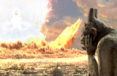 An artistic depiction showing a celestial event over an ancient cityscape. A vividly radiant comet descends from the sky as a supernatural figure shrouded in light appears in the clouds. In the foreground, a stone sculpture watches the scene solemnly.