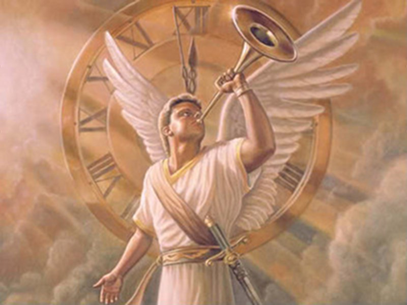 An illustrated angel with large, sweeping wings, dressed in a white robe, holds a large celestial trumpet against a backdrop of a grand golden disc featuring symbols related to the Mazzaroth.