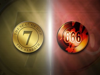 A symbolic representation contrasting two elements: on the left, a golden medallion featuring the number 7 and the text "The Seal of God, The Sabbath," set against a soft yellow background; on the right, a fiery medallion with the number "666" inscribed, positioned against a reddish, flame-like backdrop, separated by a white vertical light dividing the image in two.