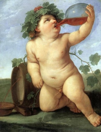 A painting of a cherubic child adorned with a leafy vine crown, guzzling a beverage from a large glass flask. The child sits next to an overturned woven basket in a pastoral setting.