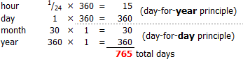 A mathematical table converting time units based on ancient calendrical systems into a total of 765 days, using principles such as "day-for-year" and "day-for-day".