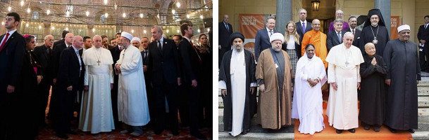 Two images side by side showcasing diverse groups of religious leaders in formal attire gathered for interfaith dialogues. The left image captures the leaders inside an ornate building with intricate carpets, and the right image portrays them outdoors on a bright day.