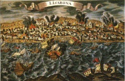 Historical artwork depicting a catastrophic event in the city of Lisbon with buildings on fire and numerous ships in chaotic seas, underscored by stormy clouds.