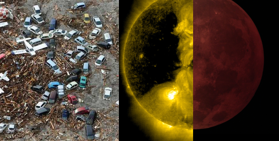 A composite image featuring three distinct parts. On the left, a cluttered automobile scrapyard with numerous vehicles in disarray. The center shows a detailed view of the sun's surface with visible solar flares. The right depicts a full moon tinted red, resembling a blood moon during a lunar eclipse.