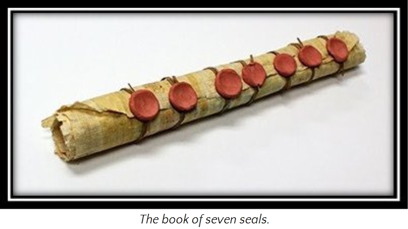 An ancient scroll sealed with seven vibrant red wax seals, reminiscent of descriptions found in religious texts.