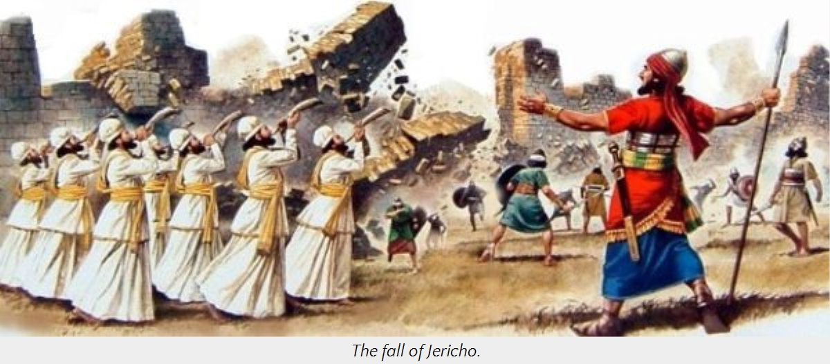 Illustration depicting a historical event showing the destruction of a city's walls. A group of priests in white robes and golden sashes blow trumpets, leading soldiers and civilians. In the foreground, a leader in red and blue attire with a spear gestures triumphantly.