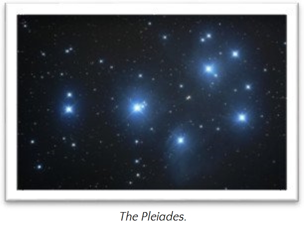 A night sky image showing the star cluster known scientifically as the Pleiades, featuring bright blue stars surrounded by a subtle nebulous glow against a dark space background.