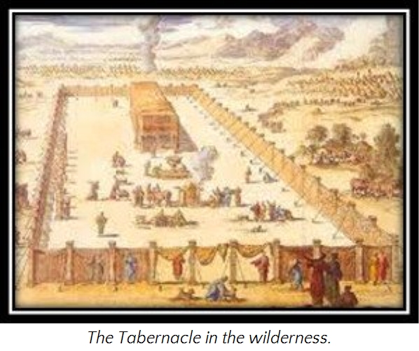 Illustration of the biblical Tabernacle in the wilderness, featuring a large rectangular enclosure with a central tent surrounded by several smaller tents and people engaged in various activities, set against a backdrop of mountains and a clear sky.