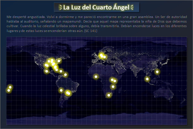A digital world map in a dark theme, illuminated by clusters of bright lights over various continents, representing celestial events tied to Mazzaroth patterns. An overlaid text box contains a narrative related to divine intervention and reflection of light across the globe.