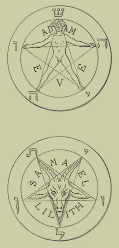 Illustration featuring two circular diagrams with central figures inside pentagrams, surrounded by text. The top diagram includes a human figure with arms and legs outstretched, intersected by lines forming a star, labeled with names including 'Adam' and 'Eve'. The bottom diagram depicts a goat's head within a similar star configuration, surrounded by names 'Samael' and 'Lilith'.