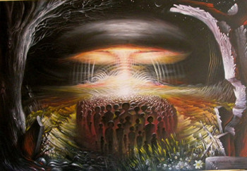 A vibrant painting depicting a cosmic phenomenon with bright spectral lights emanating from a central source, surrounded by silhouetted figures standing in a verdant field beneath a starry sky. Blurred celestial movements evoke the grandeur of the Mazzaroth, framed by dark, swirling tree branches.