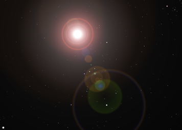 A digital illustration depicting a bright celestial star surrounded by concentric circles of light and smaller luminescent orbs, set against a dark cosmic backdrop speckled with distant stars.