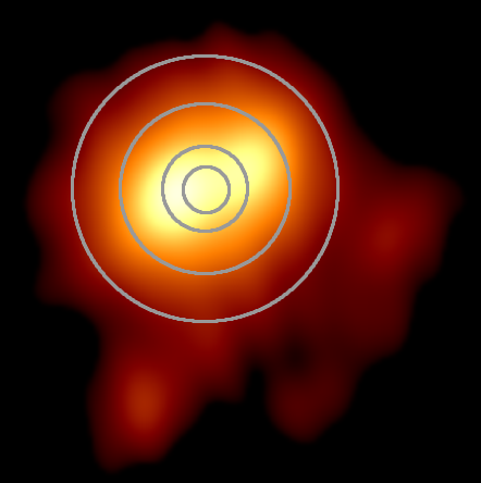 An artistic representation of a celestial body resembling the sun with concentric rings of varying brightness and intensity, set against a dark, nebulous background.
