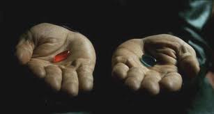 Two hands are shown with each holding a different colored pill; one red and one blue, contrasting against the dark background.