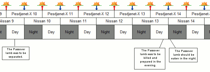 This image features a sequential chart with rows detailing events spanning from Nissan 9 to Nissan 14. Each date has subdivided columns indicating day and night, represented with small sun and moon icons. Text boxes linked to Nissan 10 and Nissan 14 describe traditional preparatory actions for the Passover lamb, emphasizing separation, preparation in the evening, and consumption at night.
