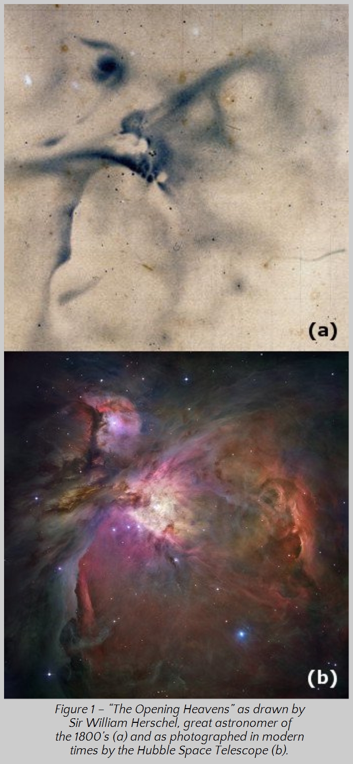 Two images depicting celestial phenomena. The top image (a) shows a historic artistic drawing from the 1800s by Sir William Herschel, representing a nebulous figure resembling a human face and form in the heavens. The bottom image (b) is a modern photographic capture by the Hubble Space Telescope, displaying vibrant cosmic clouds with swirling hues of pink, blue, and purple, indicative of a nebula in deep space.
