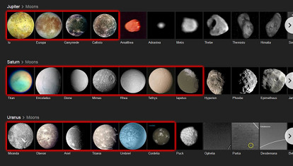 A composite image featuring rows of moons from the planets Jupiter, Saturn, and Uranus. Each row is labeled with the name of the planet followed by a count of the moons shown. The moons vary widely in color and surface features, representing diverse planetary geology. Some moons are highlighted with a red circle to draw attention.