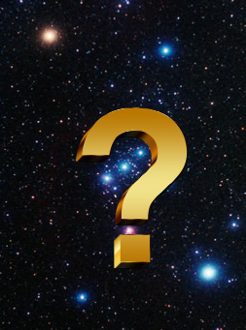 A golden question mark prominently displayed against a backdrop of a star-filled night sky, with multiple celestial bodies visible.