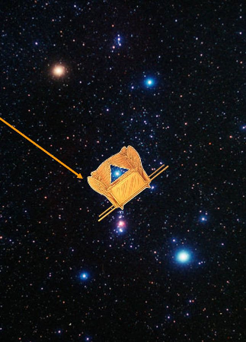 An illustration featuring a golden pendant resembling a crab, floating amidst a backdrop of stars and distant galaxies. The pendant beams a turquoise light towards one of the celestial bodies representing a component of the Mazzaroth.