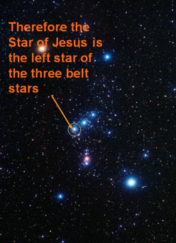 A vast starry sky showcases a highlighted area with a golden ring around the leftmost of three prominent stars, identified as the "Star of Jesus" in annotate text.