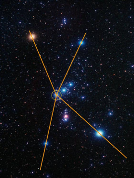 A celestial diagram featuring a cluster of stars connected by golden lines forming a pattern against a dark sky sprinkled with numerous stars.