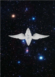 A celestial image featuring a bright, white dove flying amidst a backdrop of twinkling stars and nebulae, symbolizing one of the Mazzaroth amidst the cosmos.