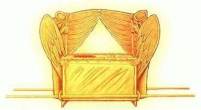 Illustration of an ornate golden chest featuring wing-like structures on both sides, resembling the artistic representations of the Ark of the Covenant.