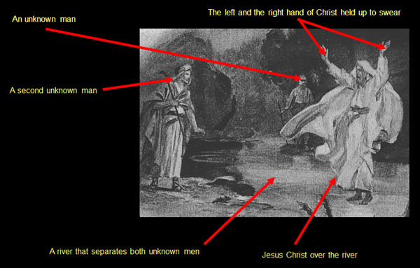 An illustration of a biblical scene featuring Jesus Christ standing over a river, raising both hands in a gesture of oath. On either side of the river, two unidentified men face Him, making the setting indicative of a significant biblical narrative.