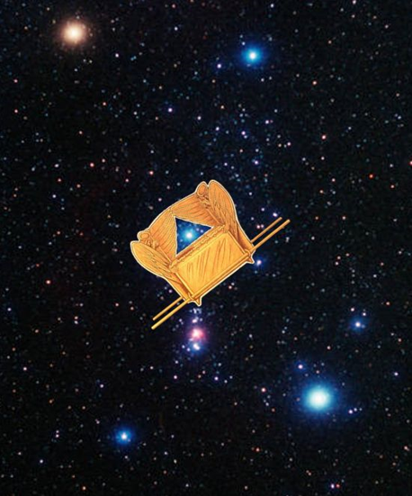 An illustration of a golden, ornate artifact resembling an open book with two prominent golden rods set against the backdrop of a deep blue star-filled sky.