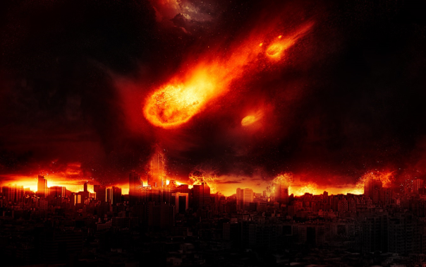 A dramatic cityscape under a dark, stormy sky with three large, glowing celestial bodies resembling comets or meteorites descending towards the city, illuminating the skyline with a fiery glow.