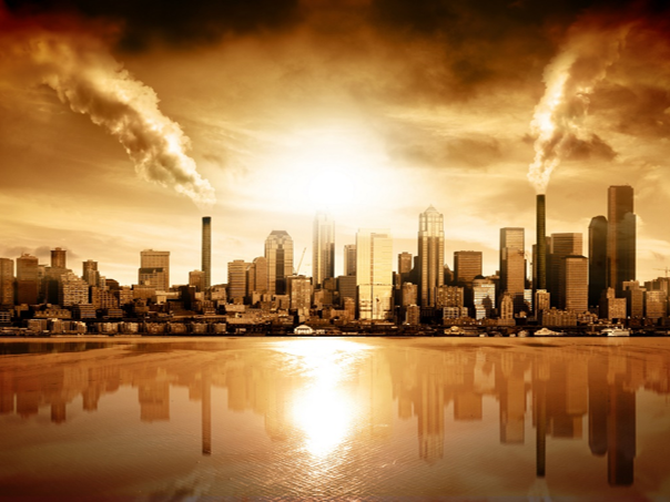 A city skyline under a golden sunrise reflecting on a calm body of water, with smoke rising from multiple tall buildings that puncture the horizon, illuminated by the celestial body.