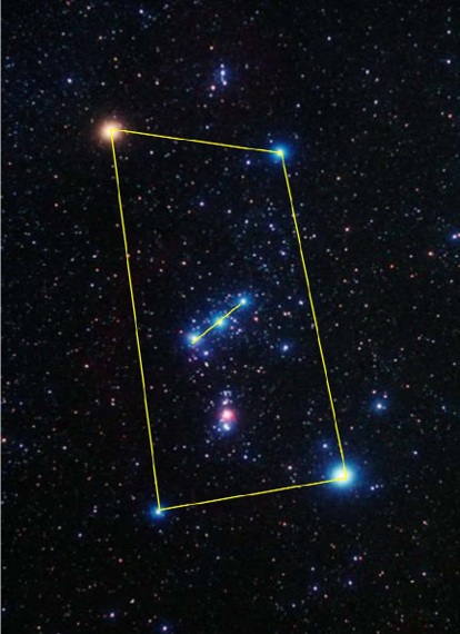 A detailed image of the night sky featuring a myriad of stars. Highlighted within a yellow geometric outline, an arrow points to a notable cluster of stars, likely a Mazzaroth reference.