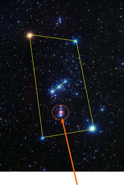 A deep space image showing a multitude of stars against a dark sky. A highlighted area within a yellow rectangle contains a notable cluster of stars. A specific star at the center is encircled in red and connected by an orange line to a caption or reference point, indicating its significance. An overlay outlines connections between several stars forming a pattern marked by a blue line.