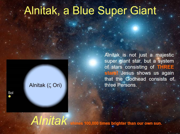 A visual representation of the star Alnitak compared to the Sun, labeled "Sol", showing Alnitak as much larger and brighter. The background features a cosmic scene of stars and nebulae with text describing Alnitak as a blue supergiant, part of a system of three stars, and its shine being 100,000 times brighter than the Sun.