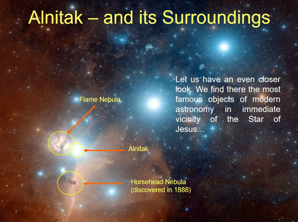 An astronomical image showing a deep-space view centered on the star Alnitak with annotations. The Flame Nebula is highlighted on the upper left, Alnitak in the center, and the Horsehead Nebula below it. Text on the image describes these as famous celestial objects near the Star of Bethlehem.