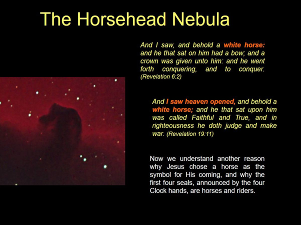 An image of the Horsehead Nebula, resembling a dark silhouette of a horse's head against a red and pink interstellar background. Below the image are biblical texts from Revelation, associating the depiction of horses with prophetic visions of conquest and justice.