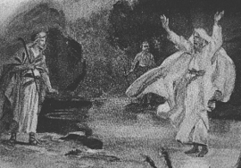 A vintage black and white illustration depicting a celestial event. It features three figures outdoors at night; one is sitting, observing the sky with an angular instrument, possibly an astrolabe, another stands pointing skyward, and the third, with arms raised, appears to be declaring something profound. The scene suggests a study or revelation related to the celestial sphere.