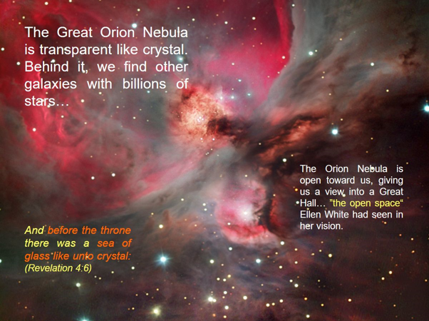 A vibrant image of the Orion Nebula, depicted in shades of red, pink, and white, resembling a cosmic explosion with text overlays mentioning its crystalline transparency and comparisons to visions described in religious texts.