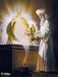 An elderly man with a long white beard, dressed in ancient religious garb, stands in a sanctuary. He observes a celestial vision featuring a radiant angel emerging from a golden arc, alongside a smaller, cherubic figure. The angel and the elder are interacting above an ornate altar, from which incense rises toward the remarkable vision. The setting suggests a scene of biblical prophecy or vision.